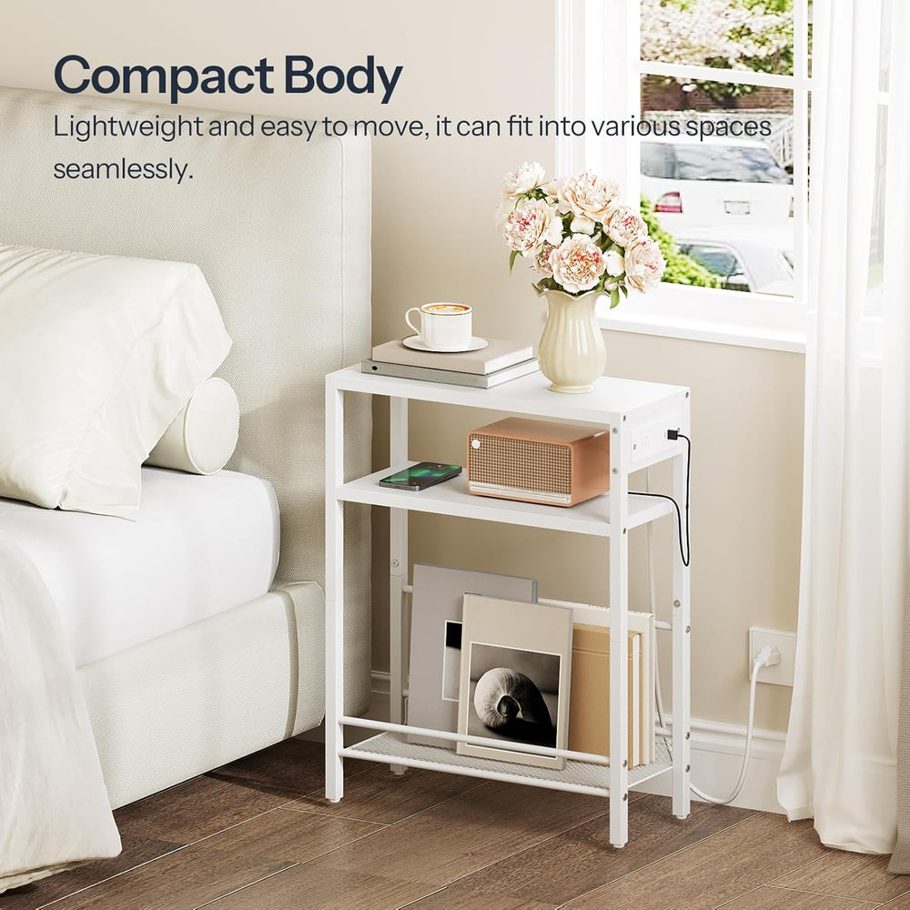HOOBRO Small Narrow Side Table with Charging Station, Skinny End Table for Sm...