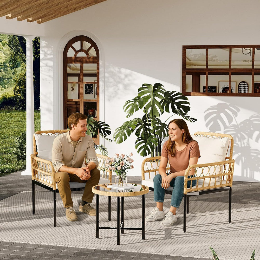 3-Piece All-Weather Wicker Rattan Bistro Patio Furniture Set with Glass Table...