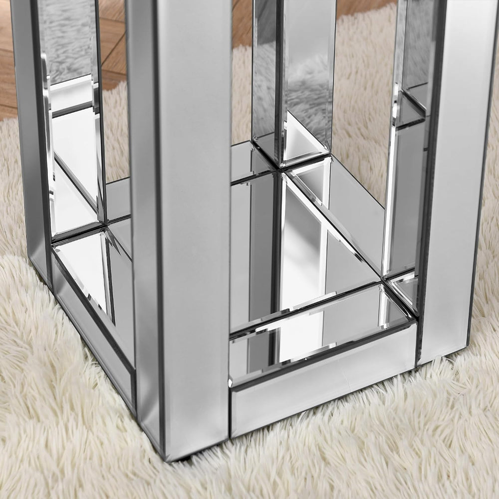 Mirrored End Table Modern 2 Layer 11.8inch Glass Sofa Side Table with Crystal...