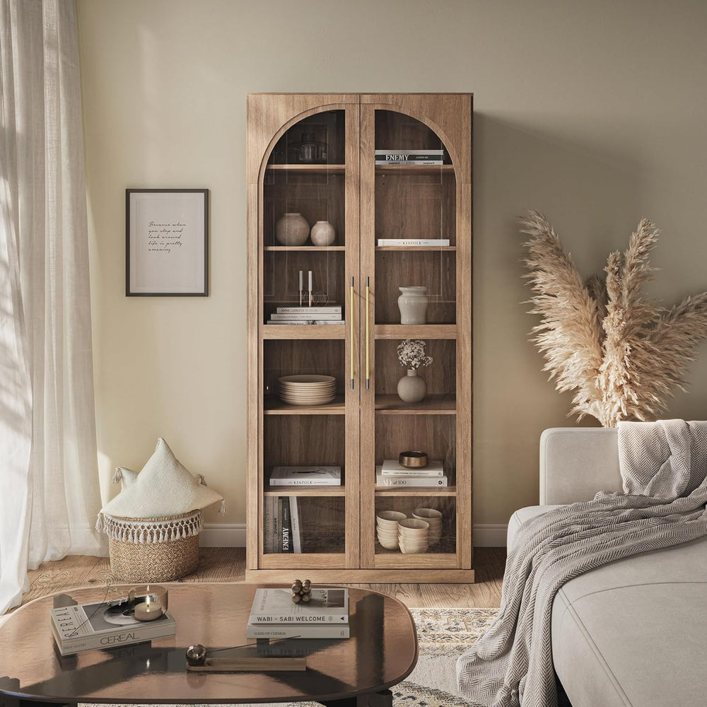 BELLEZE 67" Tall Glass Display Cabinet, Modern Wood Curio Cabinet Bookca...