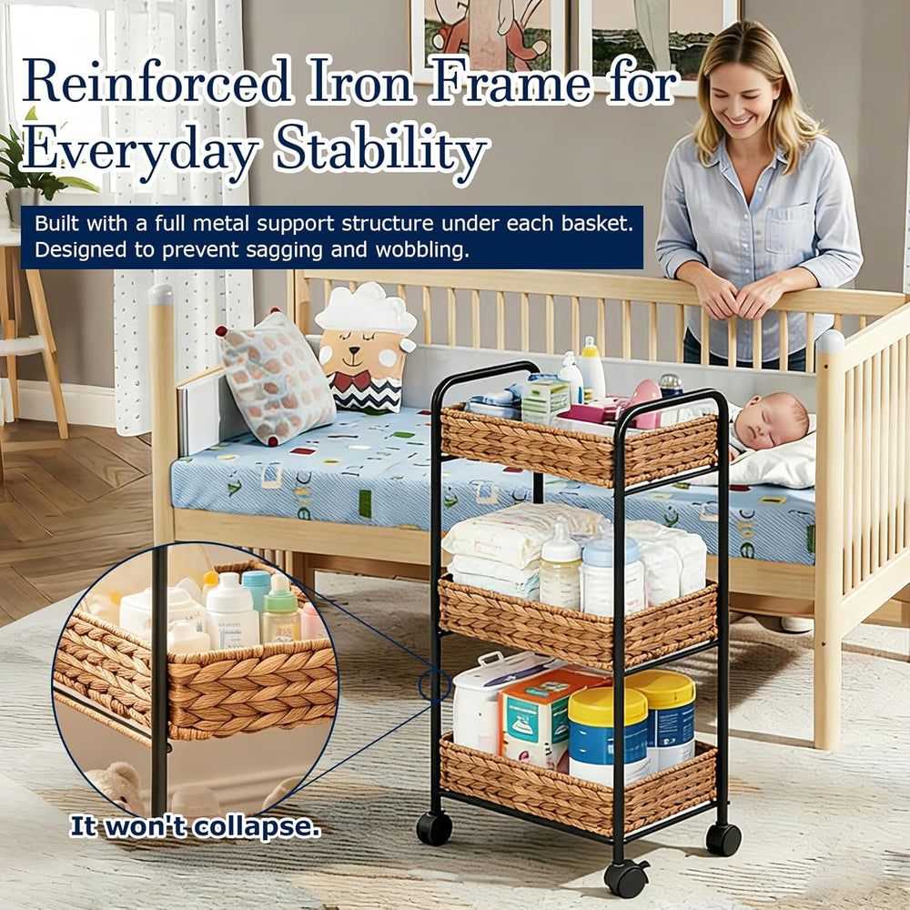 3-Tier Wicker Rolling Storage Cart, 30×15×11 Inch (Chestnut)