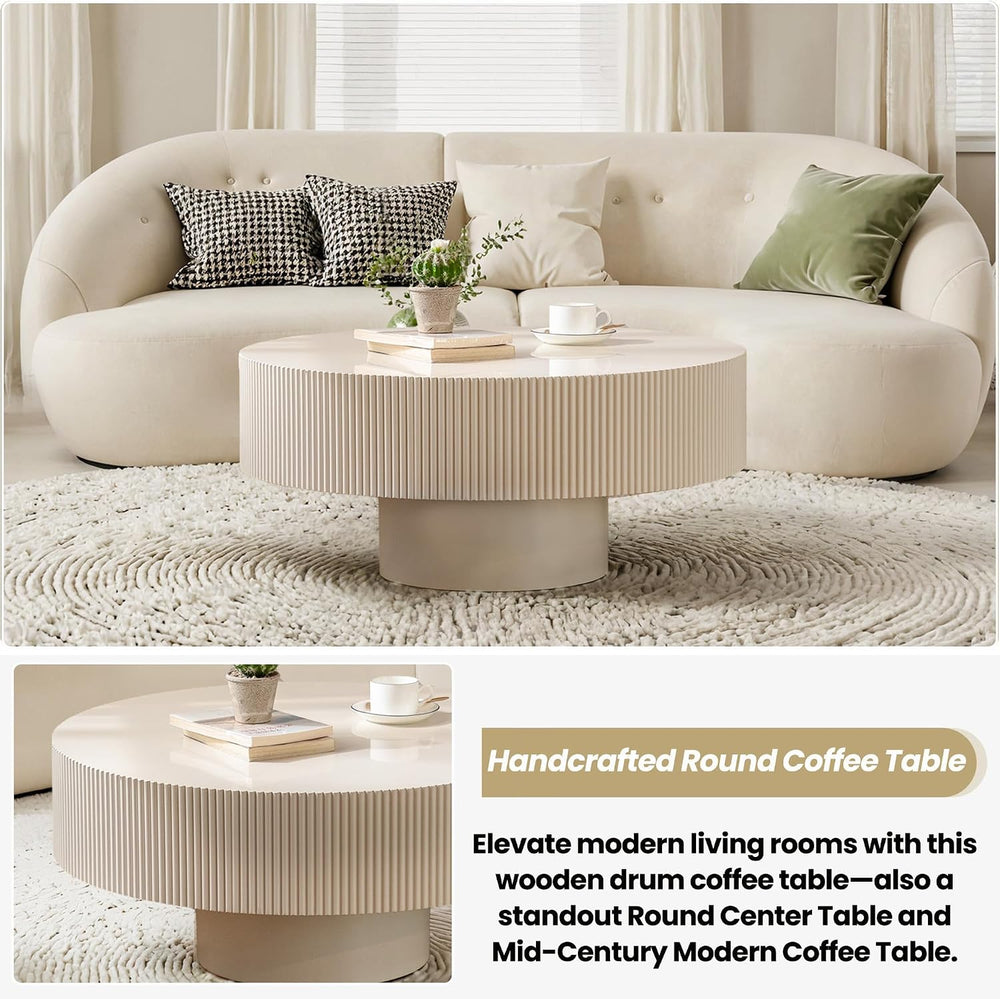 Round Drum Coffee Table with Sturdy Pedestal, Modern Wooden Fluted Coffee Tab...