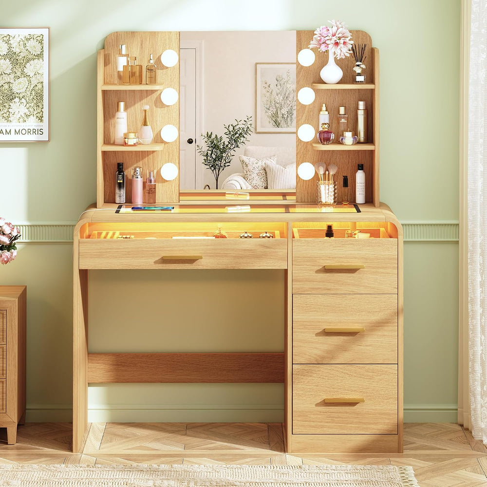 HUAHUU Vanity Desk with Mirror and Lights, Makeup Vanity with 4 Drawers, Tran...