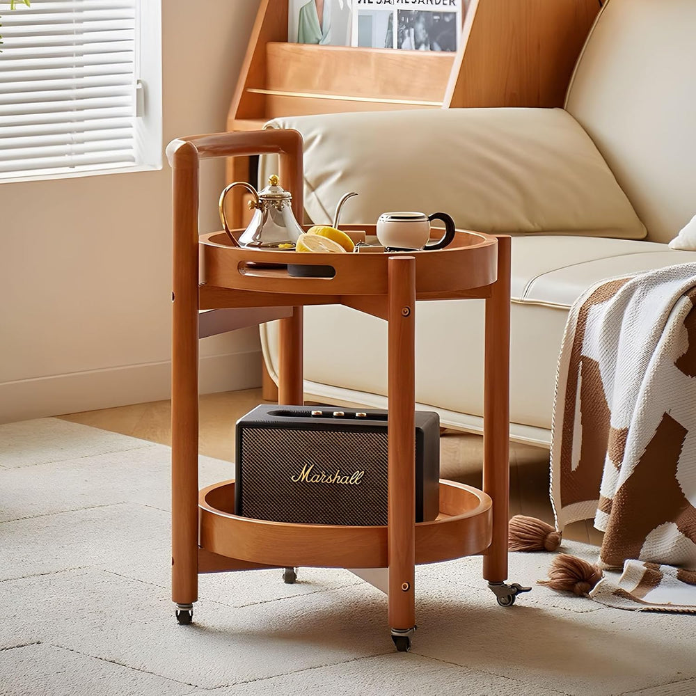 Side Table with Wheels, Mid Century Modern Rolling End Table, Solid Wood Roun...