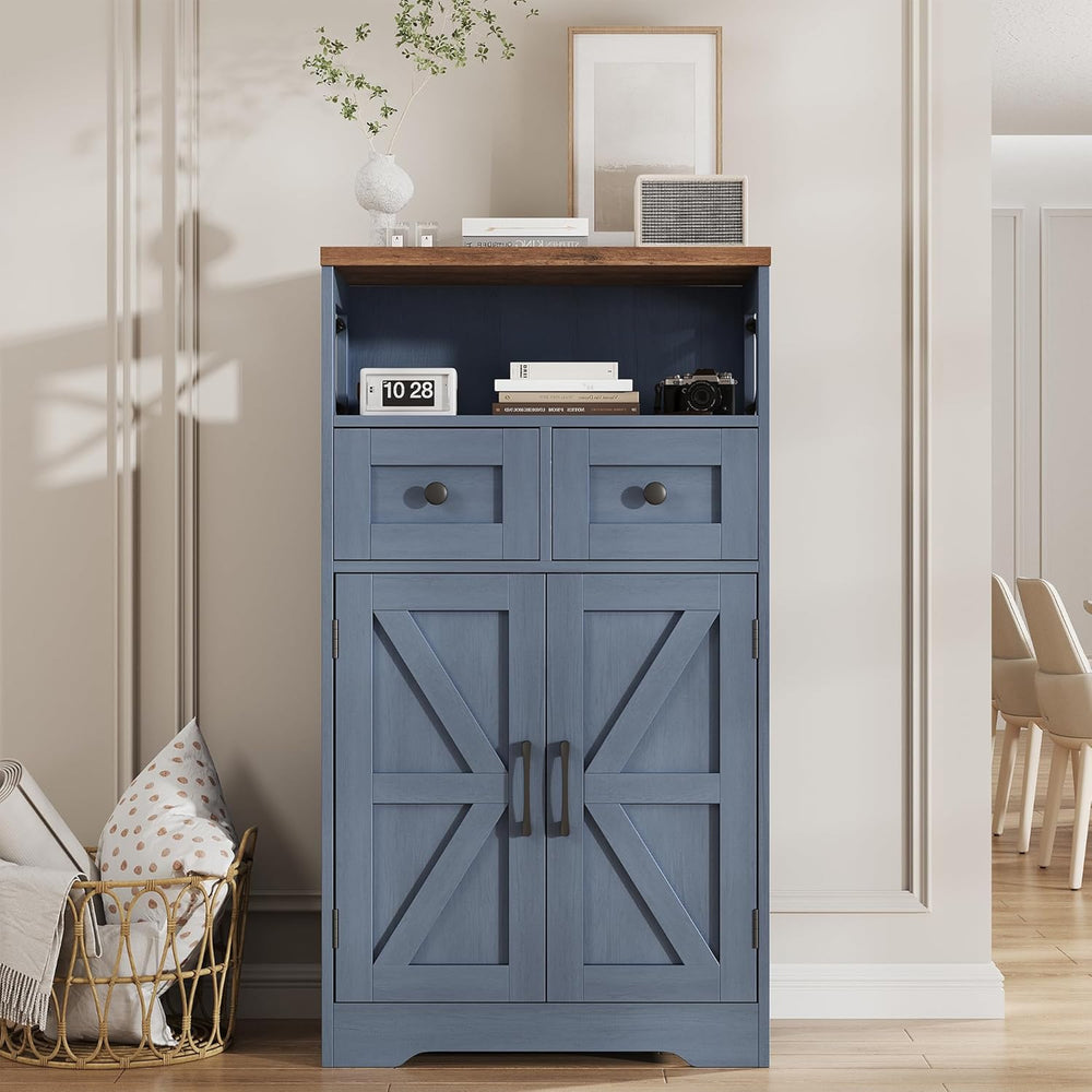 FiveWillowise Farmhouse Blue Storage Cabinet with Barn Doors and Drawers, Sma...