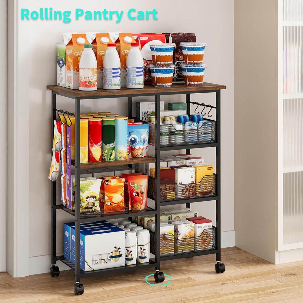 HapiRm Rolling Kitchen Carts with Storage - Microwave Table Stand with 6 Hook...