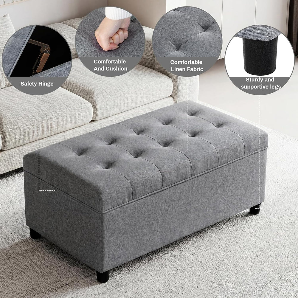 Linen Storage Ottoman Bench 35 inch with Hinged Lid - Multi-Functional Ottoma...