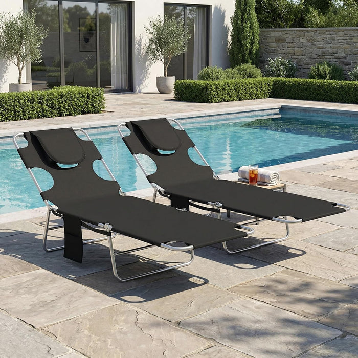 Outsunny Chaise Lounge Chair Outdoor Set of 2 with Face Arm Hole, 5-Position Reclining Face Down Tanning Chair with Carry Strap, Side Pocket, Portable Folding Bed Cot for Patio Beach Pool, Black