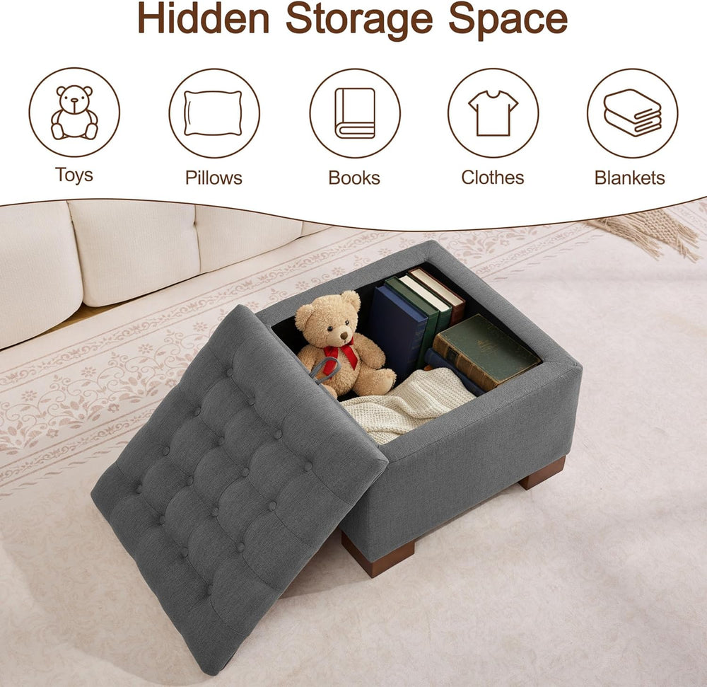 WUTUTUEE 24" Fabric Square Storage Ottoman with Wooden Tray, Modern Tuft...