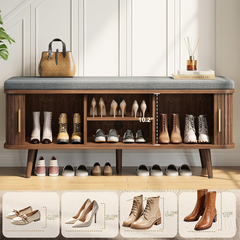 Decofy Shoe Storage Bench with Cushion and Sliding Doors, 47.2 Inch Shoe Benc...
