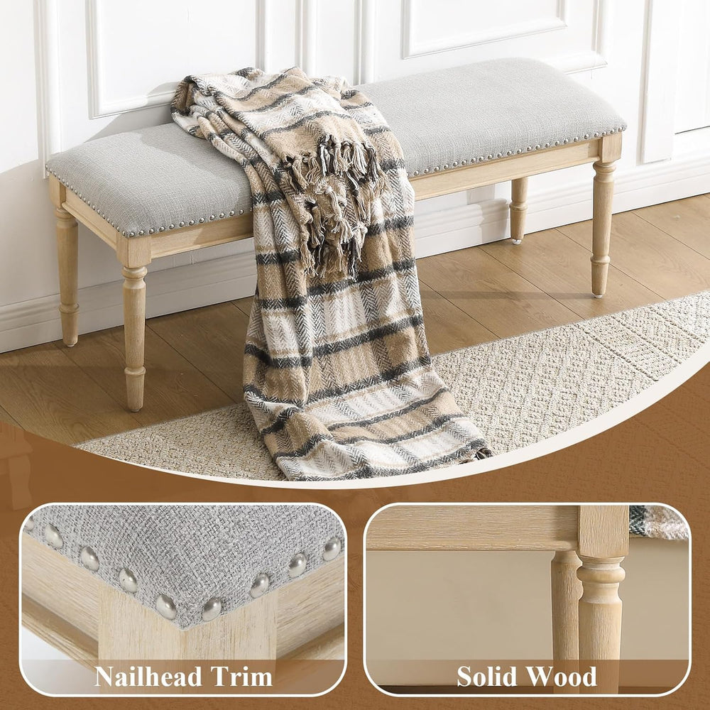 46'' French Country Entryway Bench Wooden Linen Fabric Upholstered Se...