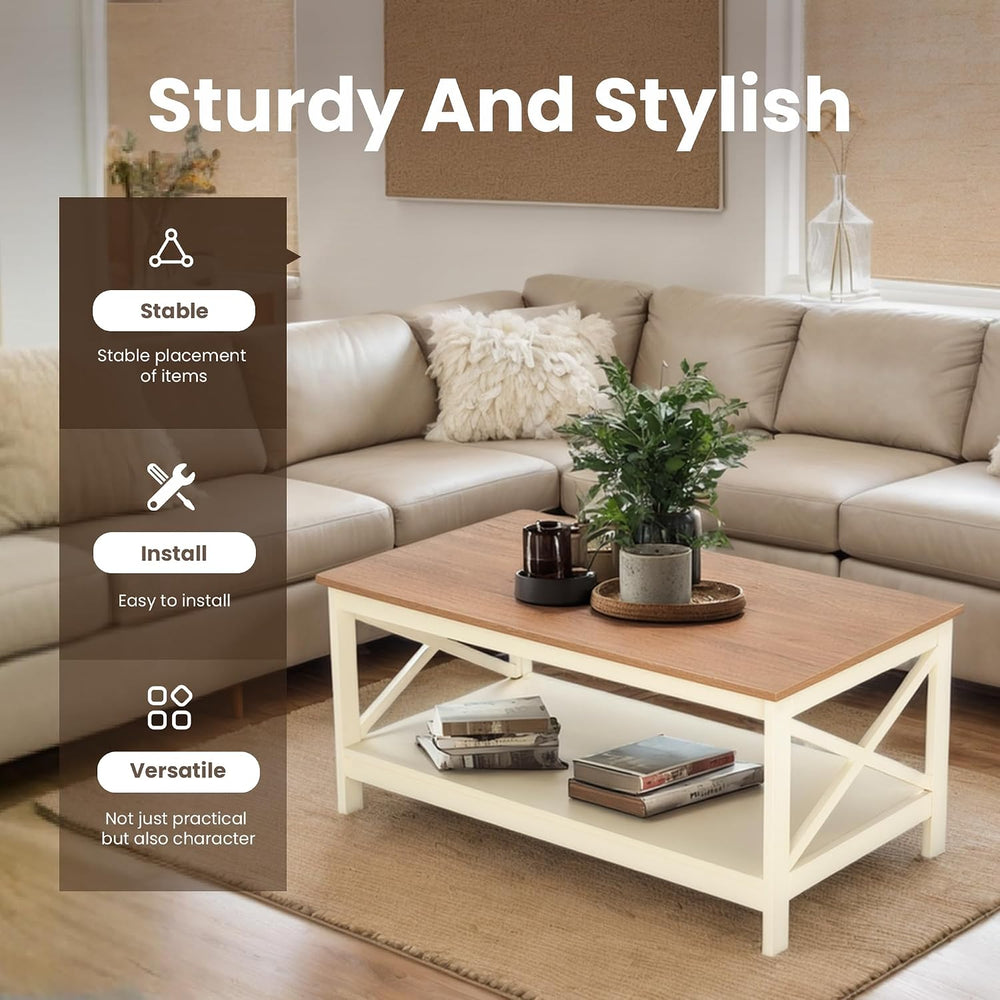 PHI VILLA White Farmhouse Coffee Tables with Storage for Living Room