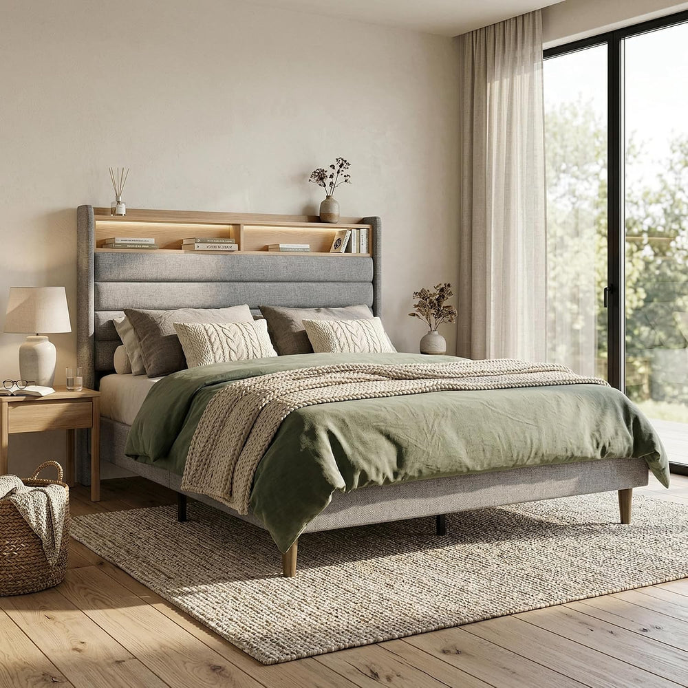 Queen Size Upholstered Bookcase Bed Frame, 51.8-Inch Headboard, Grey