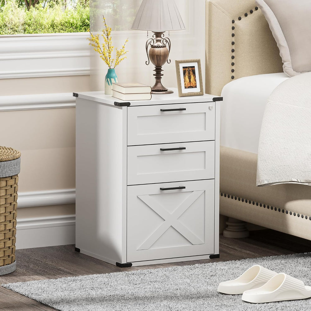 Onelike Small Wood File Cabinet with Charging Station and Lock, 3 Drawers | B...