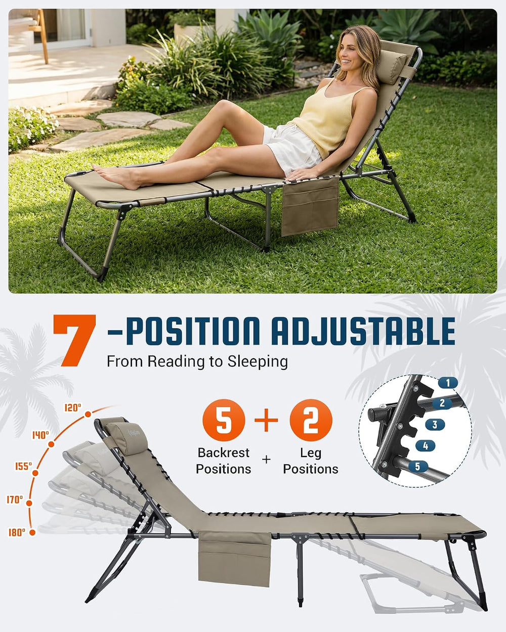 KingCamp 400LBS Tanning Chair with Face Hole, Beige