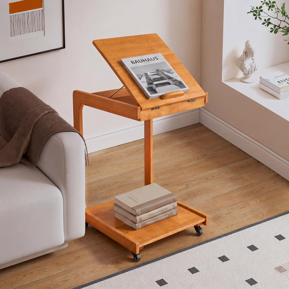 Solid Wood C Shaped End Table, Couch Table with Adjustable Desktop and 2 Lock...
