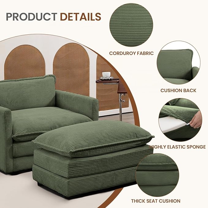 ROWHY Single Armchair with Ottoman, Modern Corduroy Cloud Couch with Converti...