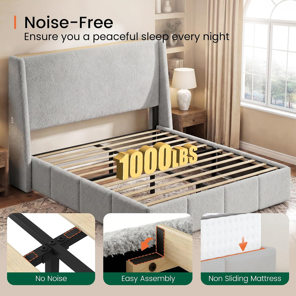 LARMACE Queen Size Bed Frame 54.2" Extra Tall Wingback Headboard, Lambsw...