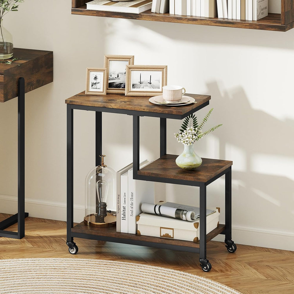 GOFLAME G-Shaped End Table, 3-Tier Sofa Side Table with Wheels, Open Shelves,...