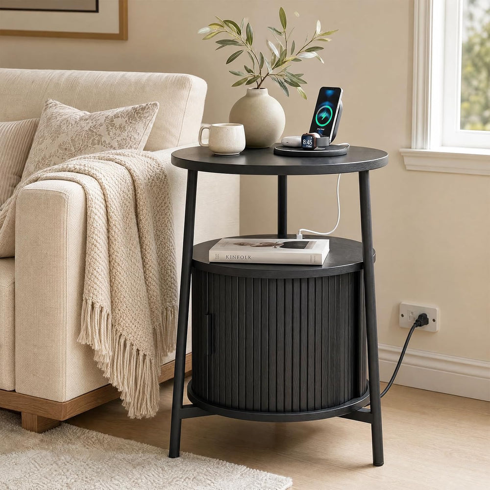 ONBRILL Round Fluted Side Table with Storage, Nightstand, 2 Sets Black