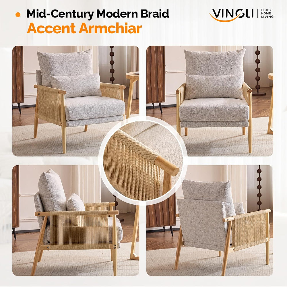 VINGLI Boho Braid Accent Armchairs Set of 2,Mid-Century Modern Chiars with So...