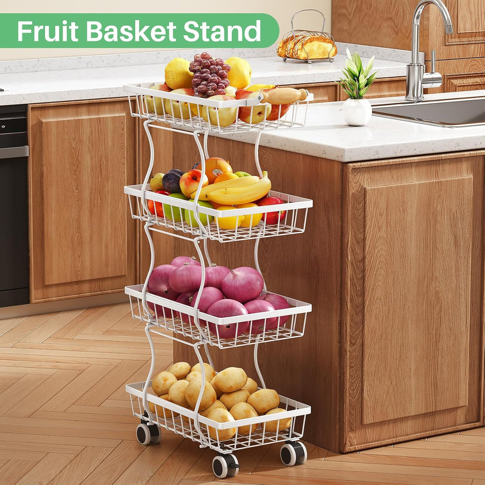 SAYZH 4-Tier Fruit Basket Stand with Vegetable Baskets for Kitchen, White | S...