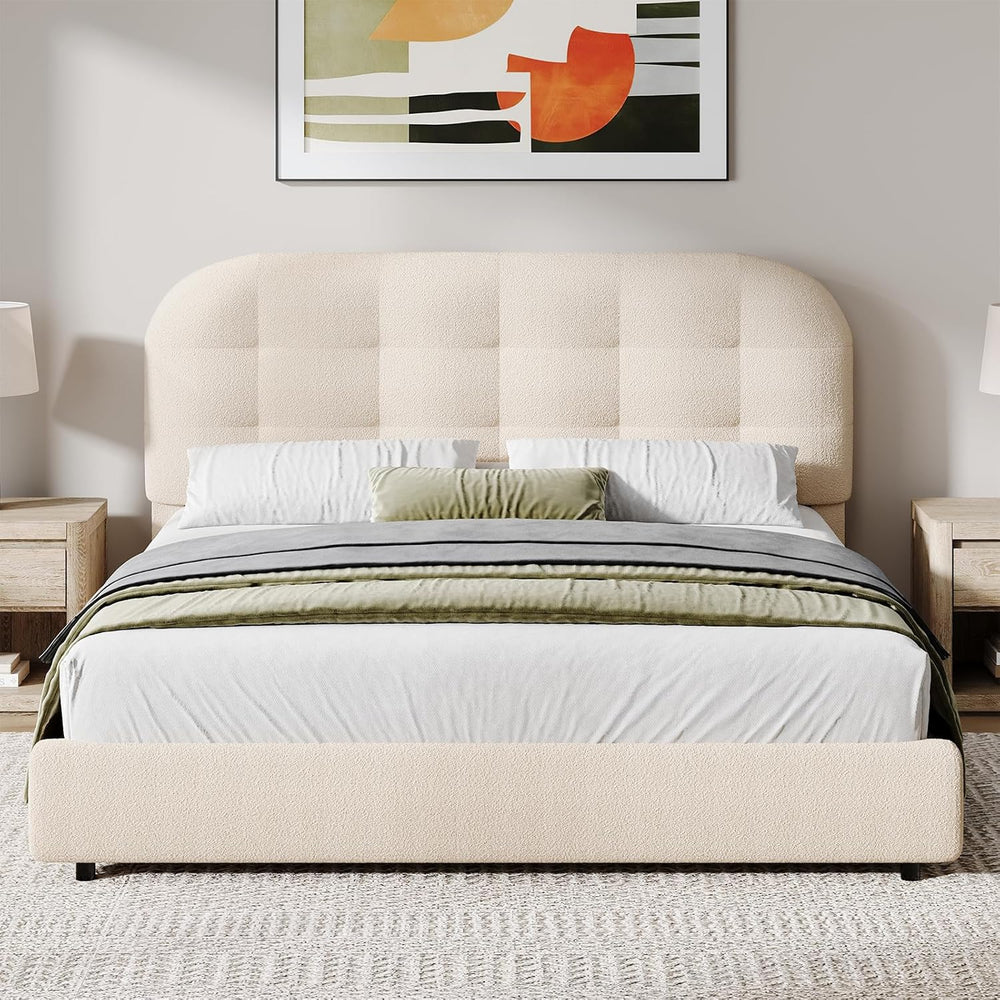 BarnFurin Full Bed Frame with Soft Curved Boucle Headboard, Cream
