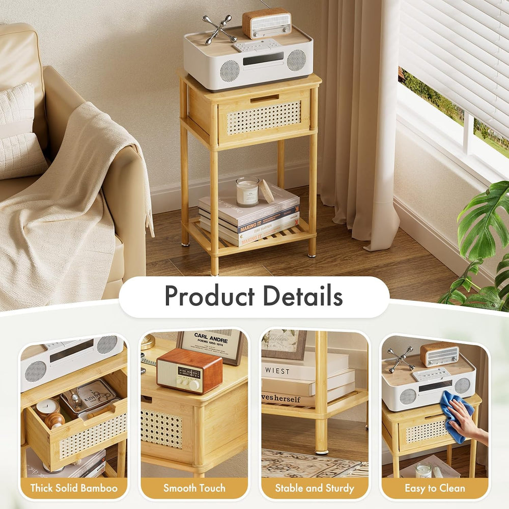 Bamboo Nightstand, Boho Side Table with Drawer and Open Shelf, 3 Tier End Tab...