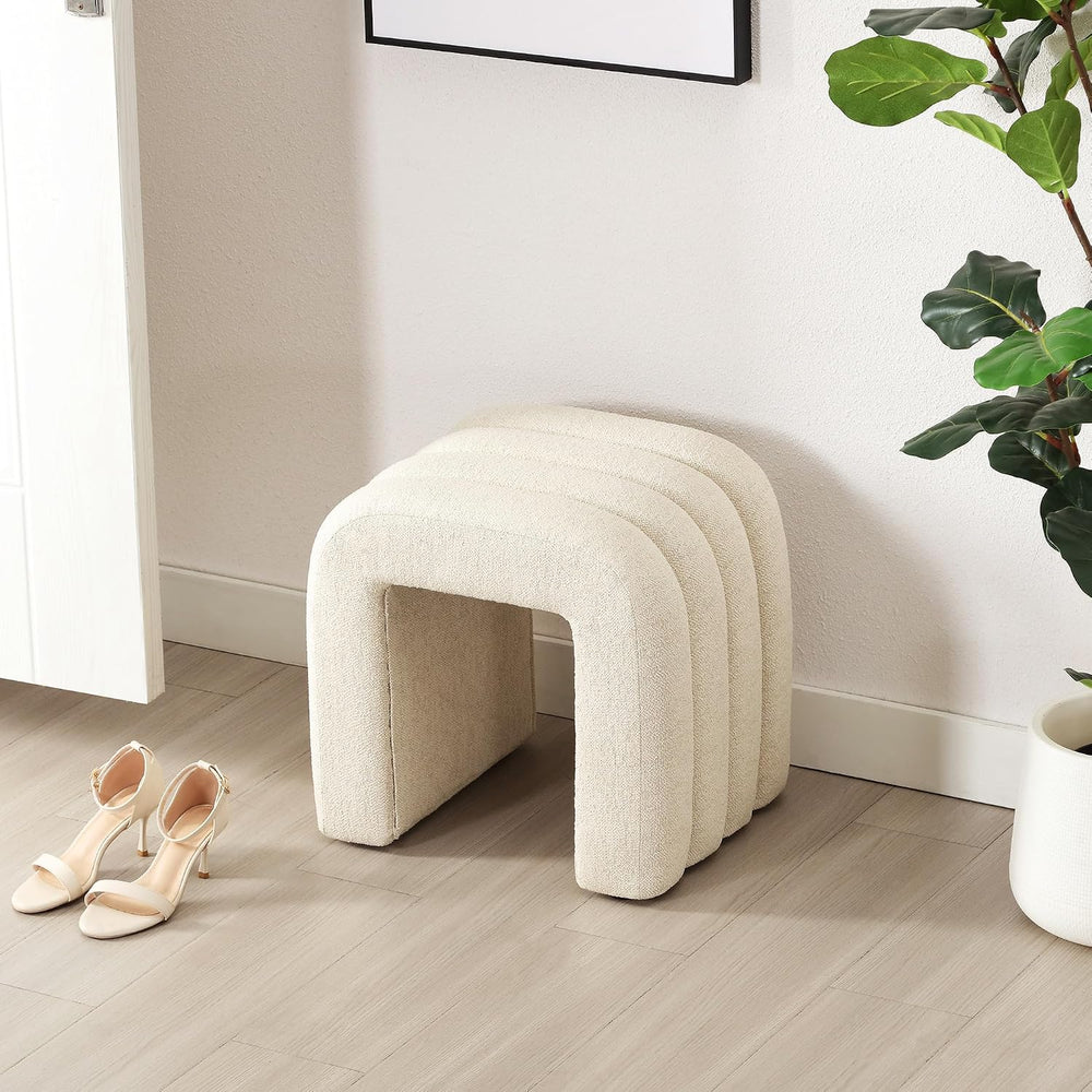 Beige Linen Ottoman Stool, Backless Vanity Stool, Footrest for Couch