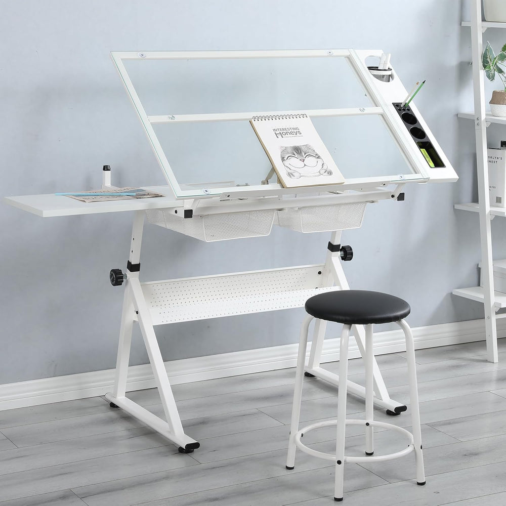 Dancongtea White Adjustable Glass Drafting Table with Chair for Artists | Sli...