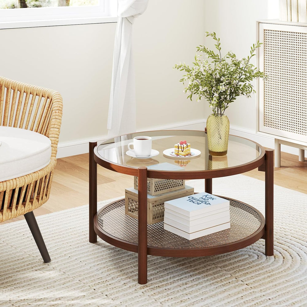 Rattan Coffee Table, 2-Tier Boho Glass Coffee Table with Solid Wood Frame &am...