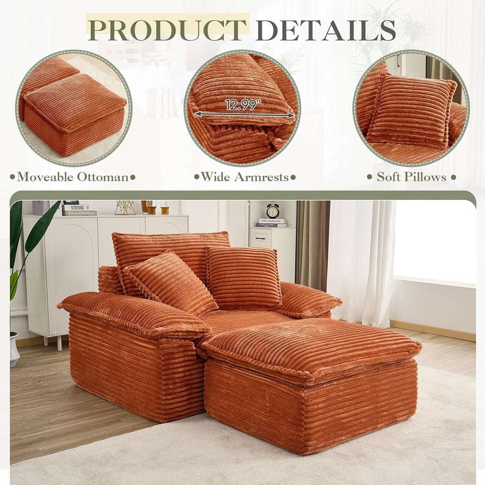Oversized Chaise Lounge Chair Indoor with Ottoman, Upholstered Corduroy Moder...
