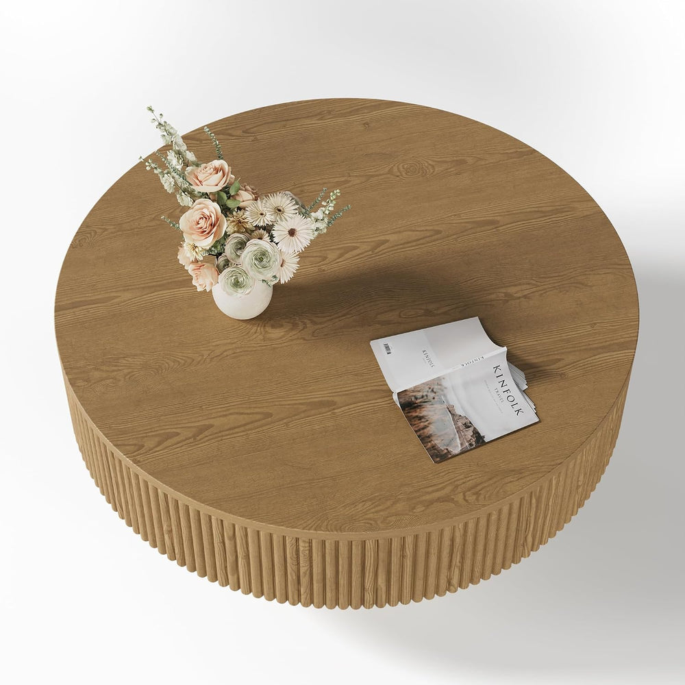YOUDENOVA 31.5” Round Fluted Coffee Table, Modern Wood Circle Coffee Table, V...