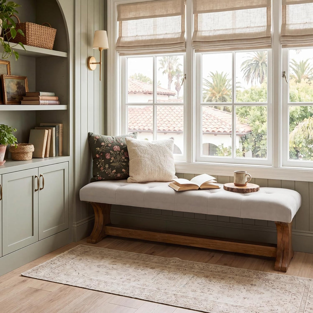 LITTLE TREE 55" Upholstered End of Bed Bench, Solid Wood Tufted Entryway...