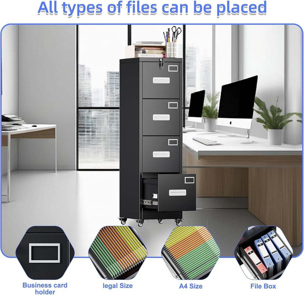 METAN 4 Drawer Metal File Cabinet with Lock, Mobile Heavy Duty Steel Filing C...