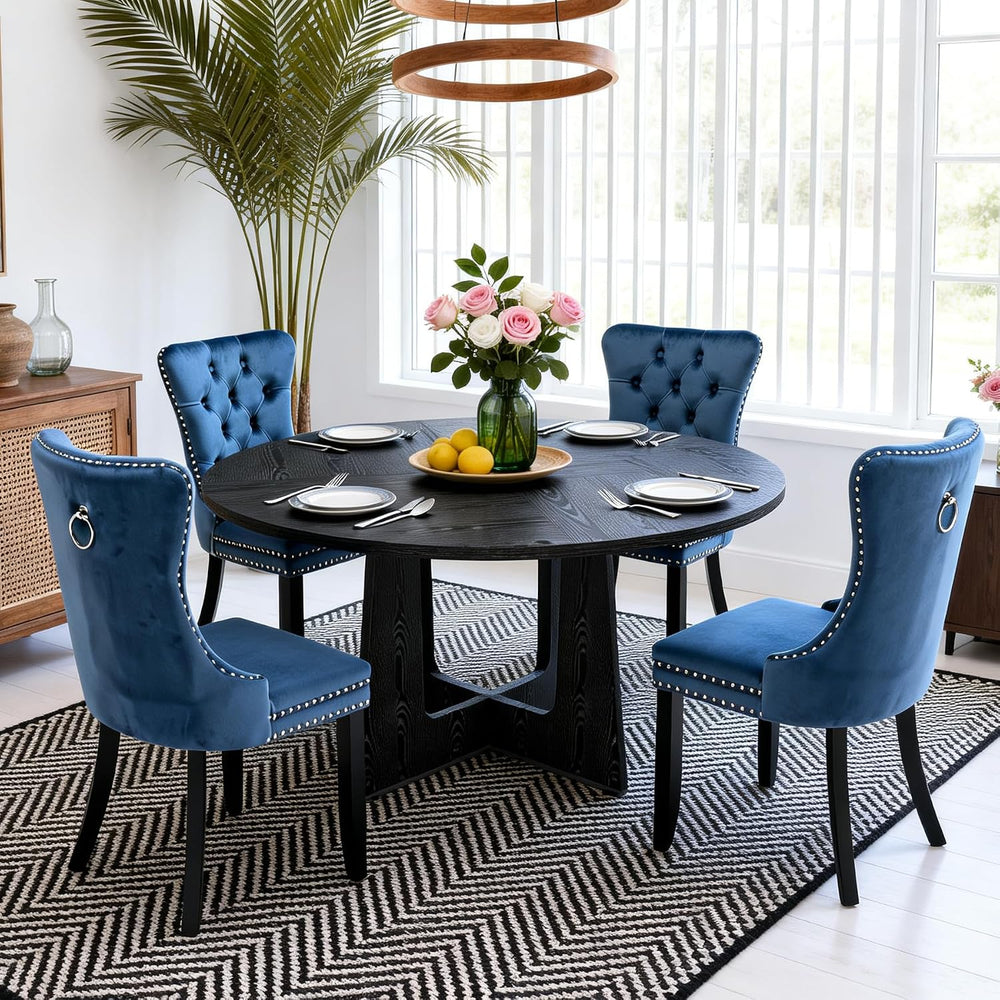 5-Piece Round Dining Table Set for 4, 47" Black Farmhouse Kitchen Table ...