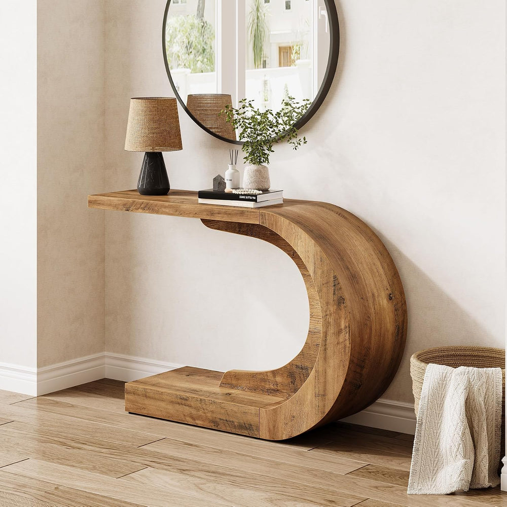 LITTLE TREE 43.3-Inch Farmhouse Console Table, 2-Tier C-Shaped Sofa Table Beh...