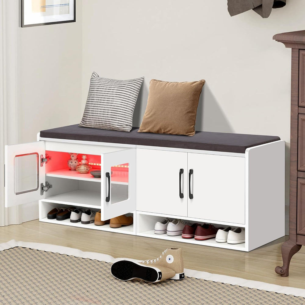 Shoe Bench with Thickened Cushion,Entrance Bench with Glass Door and Ambient ...