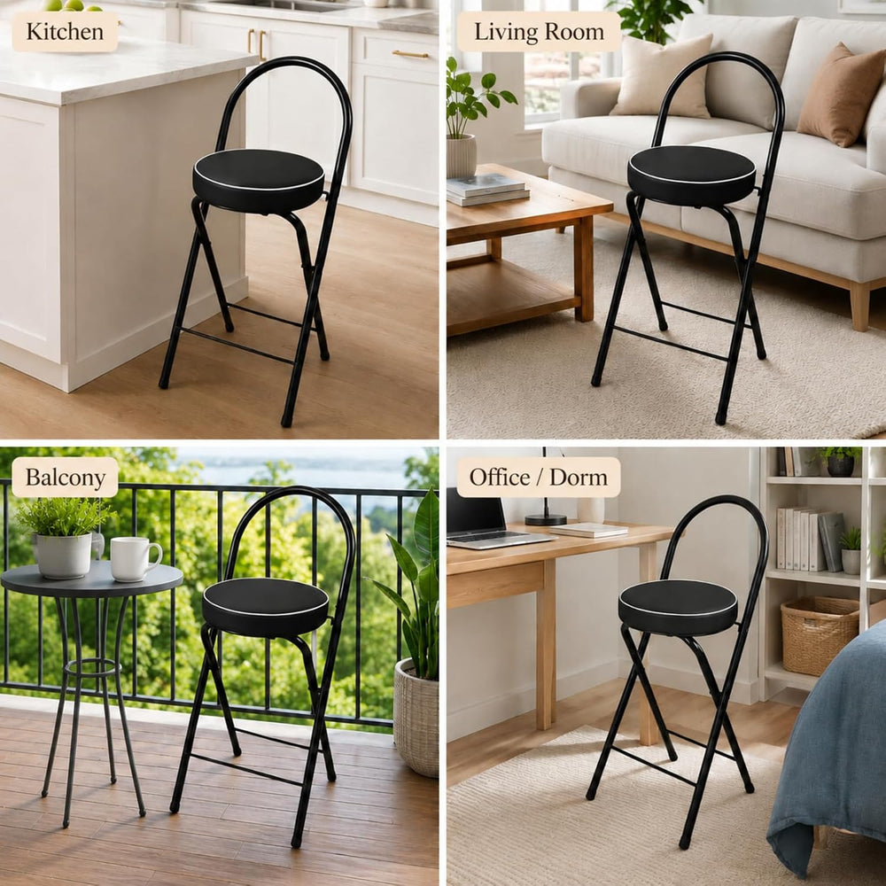 Folding Bar Stool with Backrest Counter Height Chair Padded Seat Cushion Spac...