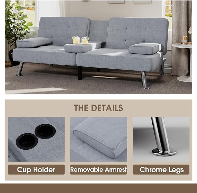 Flamaker Futon Sofa Bed Modern Folding Futon Set Linen Fabric Convertible Rec...