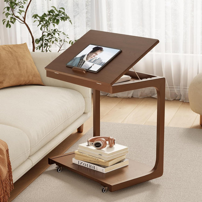 AQIMUELE Wooden C-Shaped End Table,Couch Table with Adjustable Desktop,Small Rolling Side Table with 2 Lockable Wheels 23.6" Width,Small End Table for Couch, Living Room,Bedroom (Walnut)