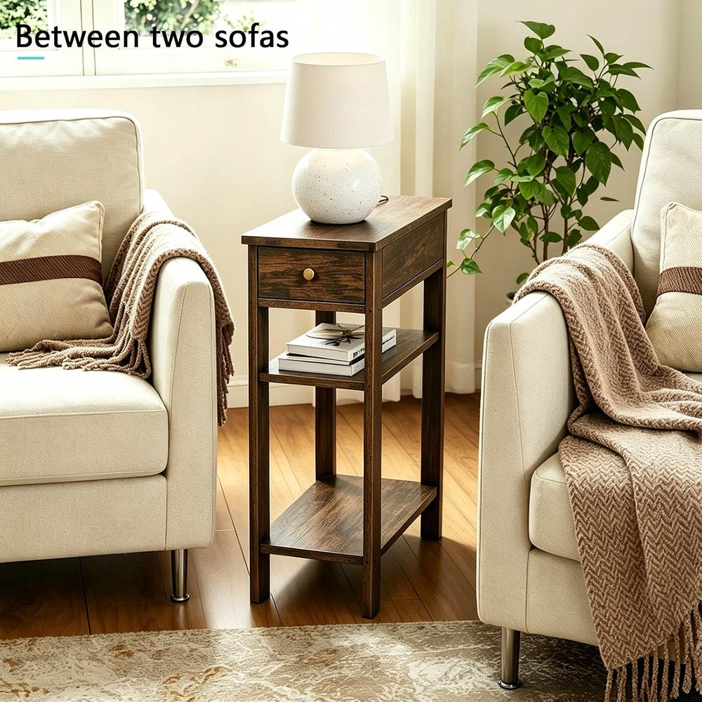 Solid Wood Narrow End Table with Drawer and 3-Tier Storage, Slim Nightstand f...