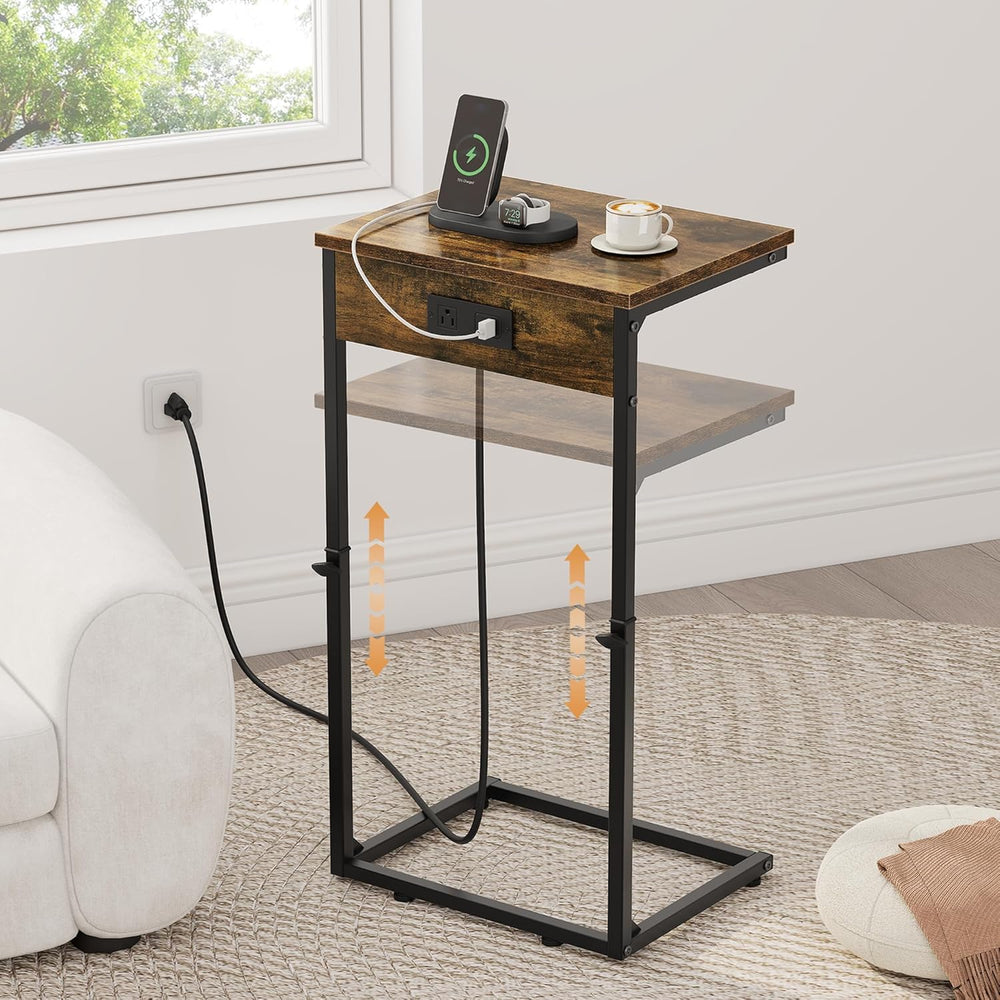Vagusicc C Shaped End Table with Charging Station, Adjustable Height Side Tab...
