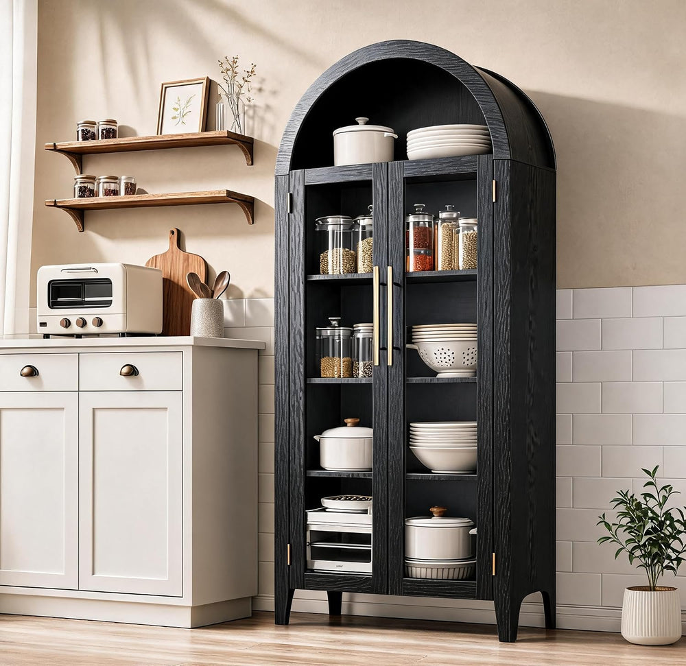 Garvee Arched Cabinet with Glass Doors, 5-Tier Kitchen Pantry Cabinet with Ad...