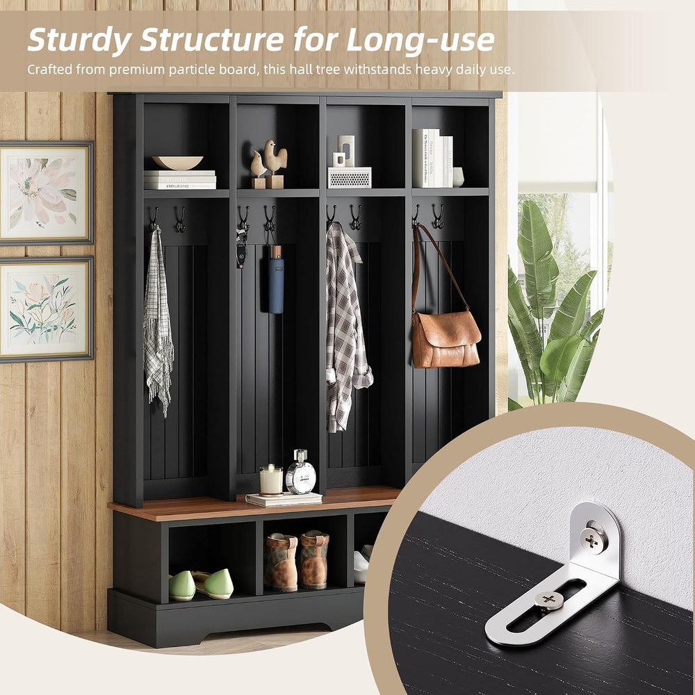 Merax Farmhouse Hall Tree with Bench and Shoe Storage, 59" Entryway Benc...