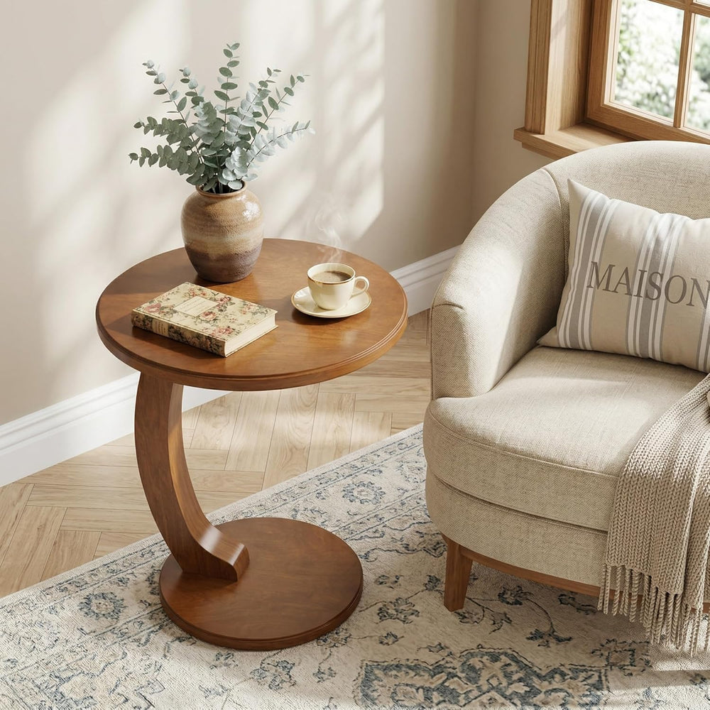 Tribesigns C Shaped End Table, Round Wood Side Table, Mid-Century Modern Styl...