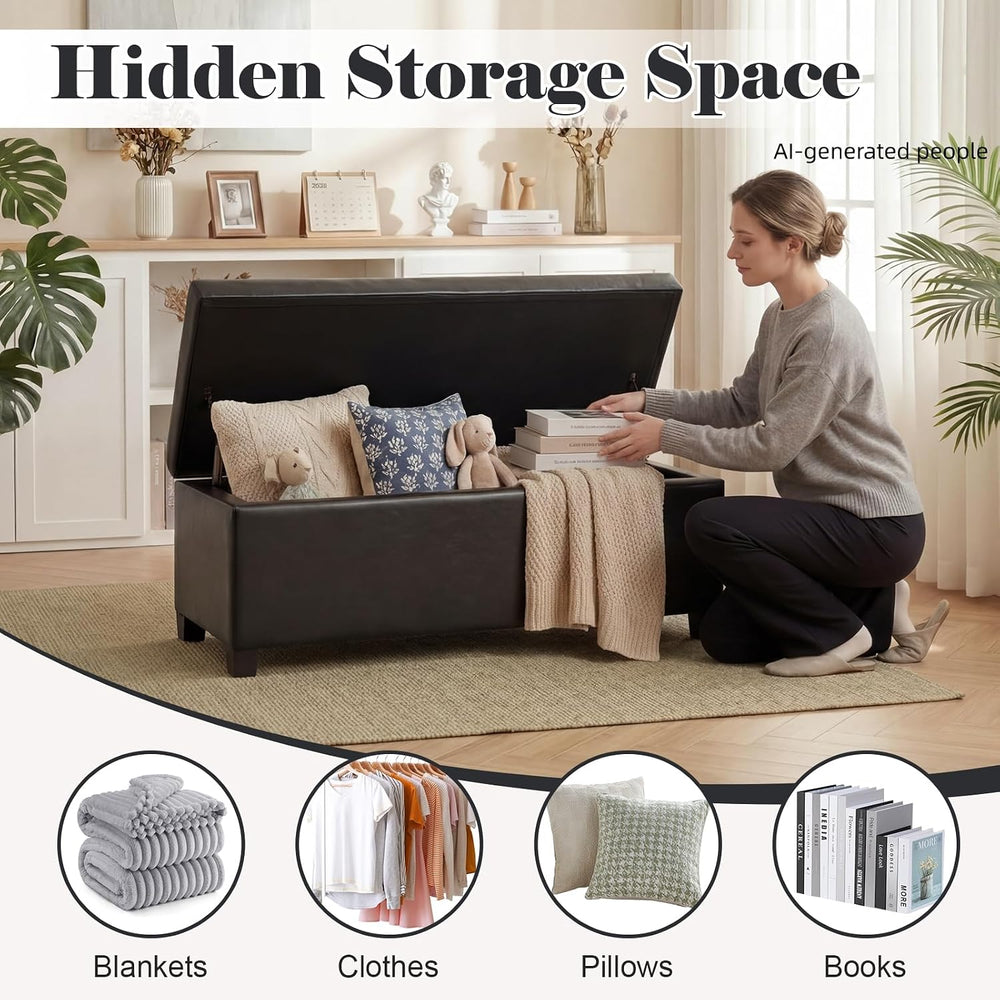 Asense Storage Ottoman Bench,42 inch Wide Upholstered Faux Leather Rectangula...