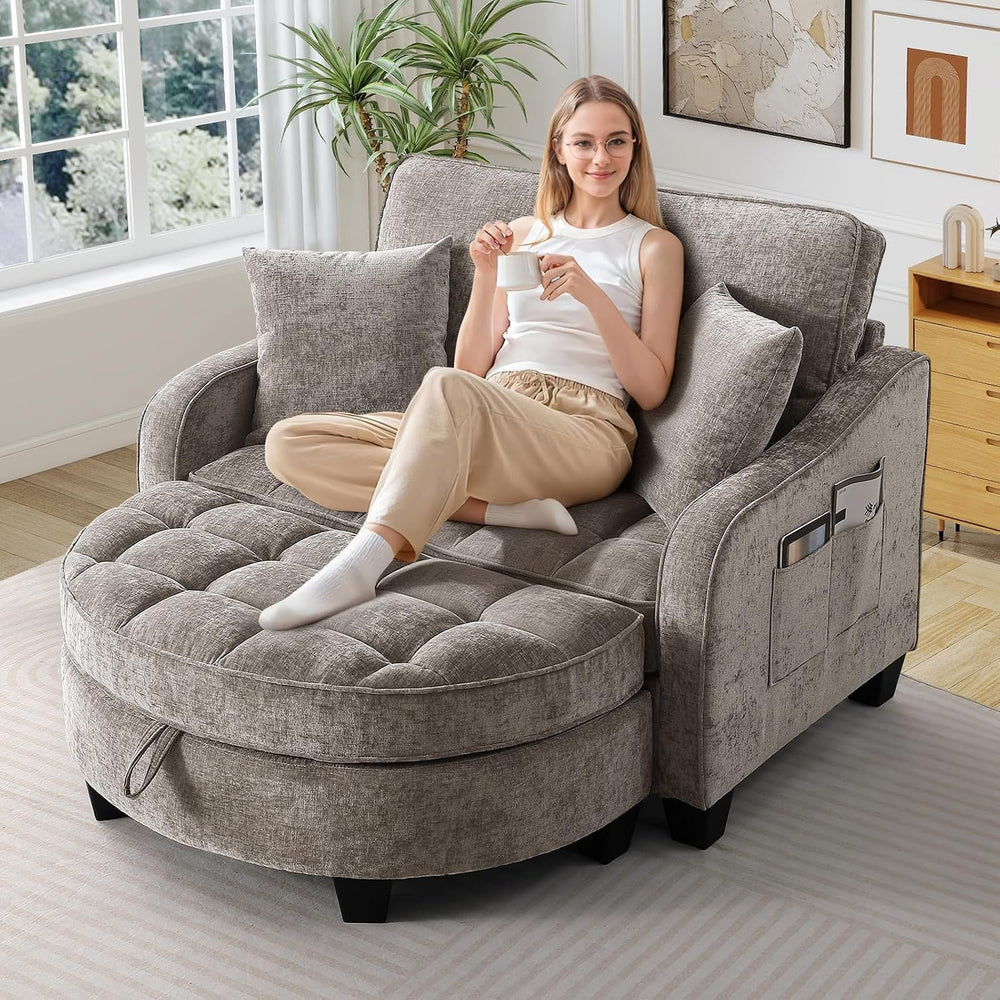 Oversized Chair and A Half, Chenille Tufting Accent Cozy Reading Sofa Chair w...