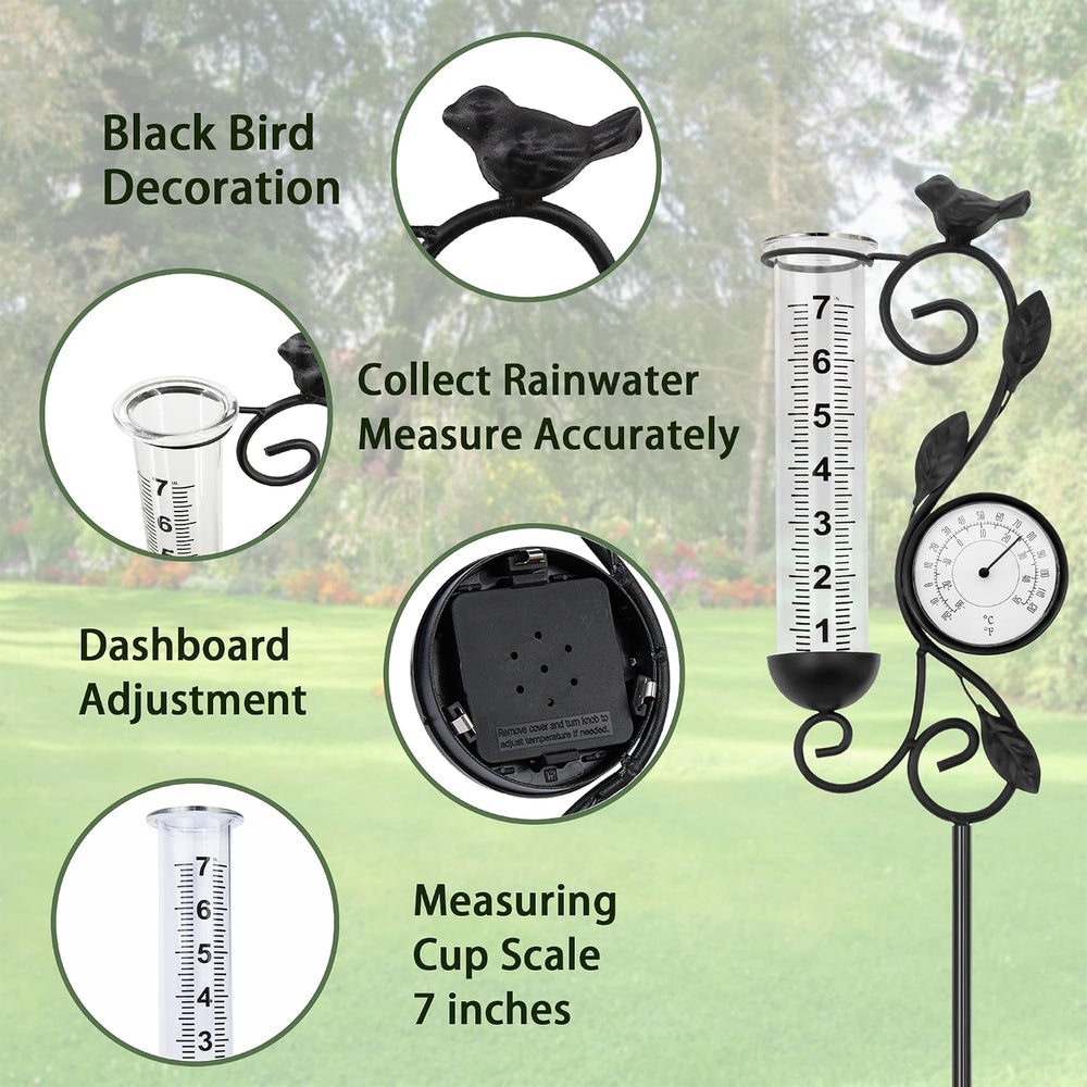 36in Black Bird Rain Gauge Thermometer Metal Garden Stake Decor