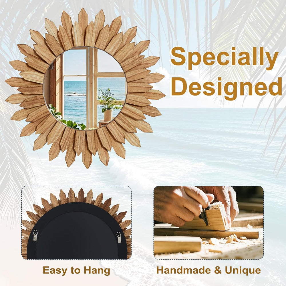 20" Round Sunburst Wooden Mirror Boho Rustic Wall Decor